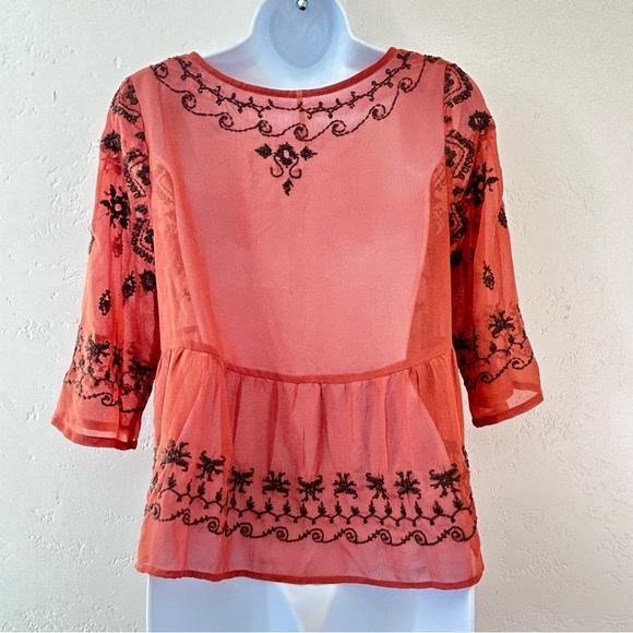 FREE PEOPLE Pennies Sequel Semi-Sheer Rust Embroidered Boho Peasant Blouse XS - Picture 9 of 11